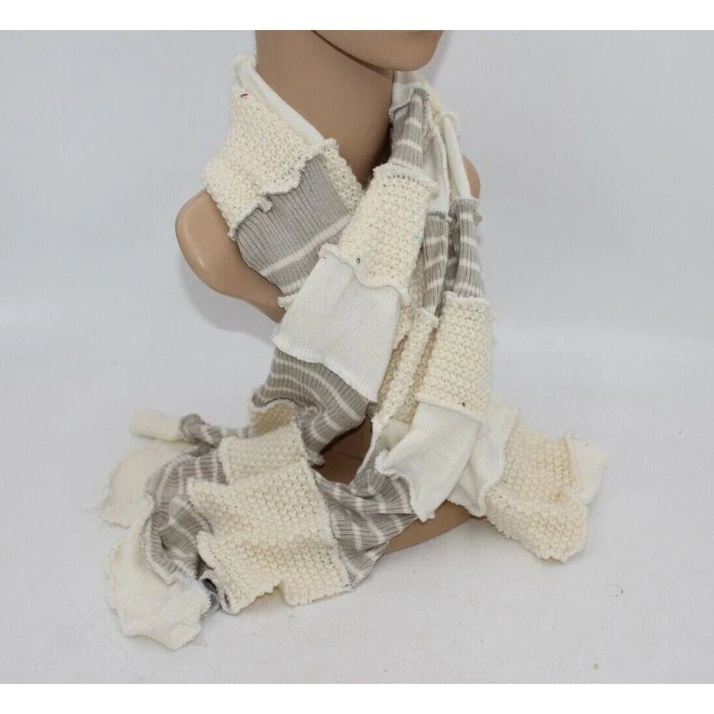Scarf Upcycled White Ivory Sweaters Winter Wedding Aprx 7' Long Handmade Gray